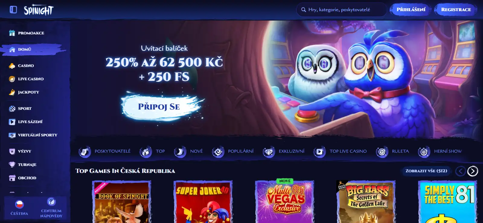 Aktuální česká domovská stránka Spinight