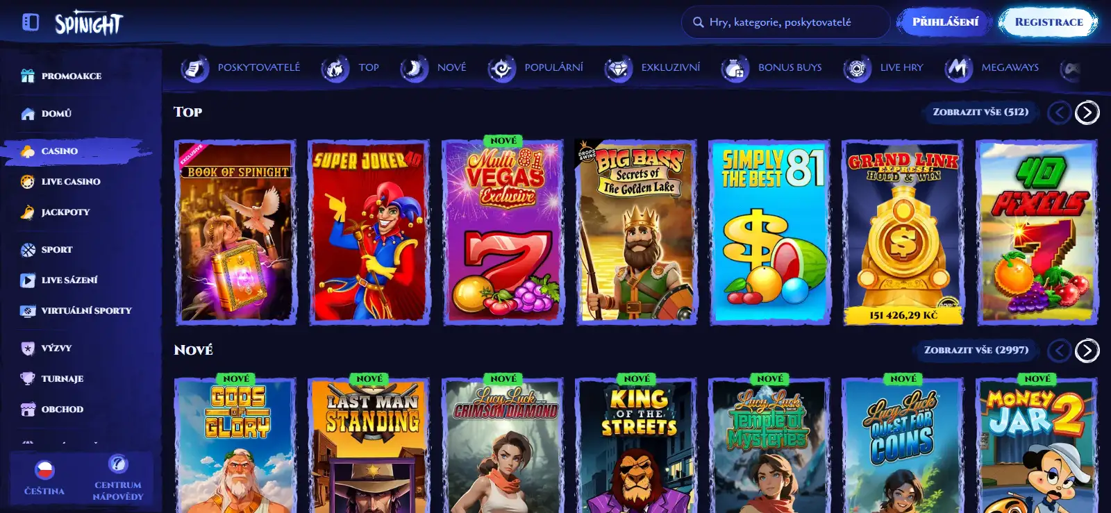 Český herní katalog Spinight s kategoriemi casino a live casino